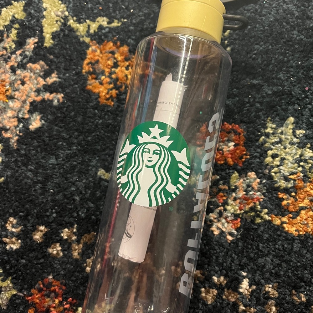 Starbucks Clear Water Bottle with Green Logo and Yellow Cap